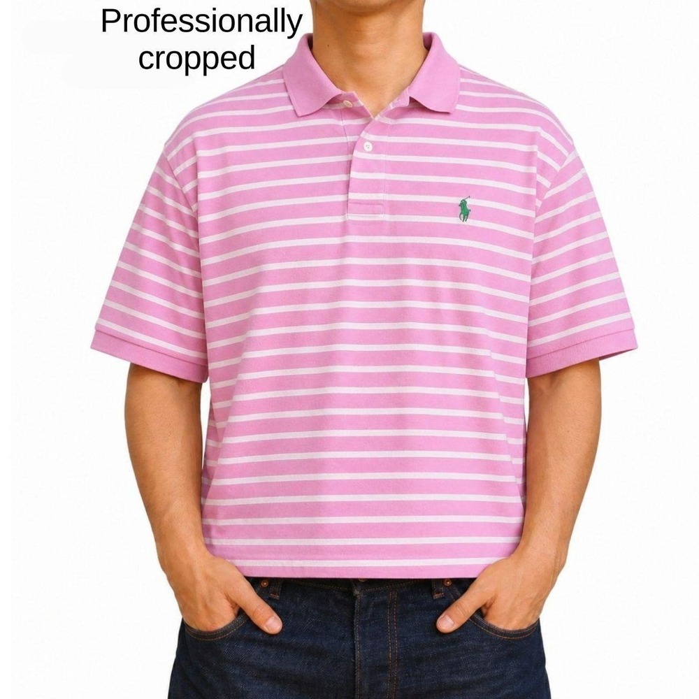 Professionally cropped striped pink Ralph Lauren polo shirt.